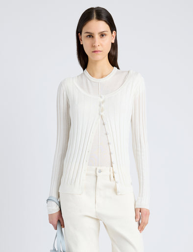 Proenza Schouler Front cropped image of model wearing Hattie Cardigan in Lightweight Cashmere in IVORY
