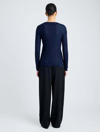 Proenza Schouler Back full length image of model wearing Hattie Cardigan in Lightweight Cashmere in NAVY