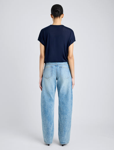 Proenza Schouler Back full length image of model wearing Ares Shirt in Lightweight Cashmere in NAVY