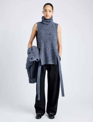 Proenza Schouler Front full length image of model wearing Ember Vest in Moulinex Knits in INK MELANGE
