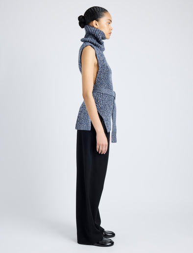 Proenza Schouler Side full length image of model wearing Ember Vest in Moulinex Knits in INK MELANGE