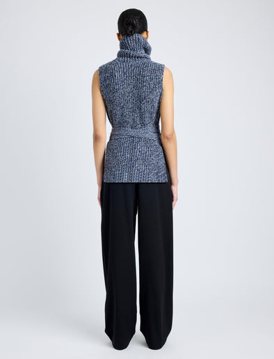 Proenza Schouler Back full length image of model wearing Ember Vest in Moulinex Knits in INK MELANGE