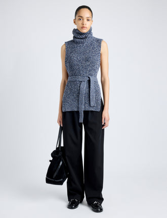 Proenza Schouler Front full length image of model wearing Ember Vest in Moulinex Knits in INK MELANGE