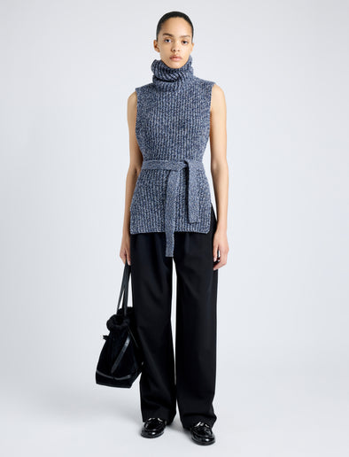 Proenza Schouler Front full length image of model wearing Ember Vest in Moulinex Knits in INK MELANGE