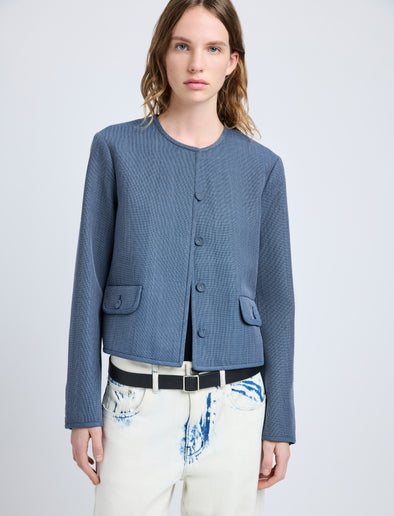 Proenza Schouler Detail image of model wearing Lucas Jacket in Wool Melange in Denim
