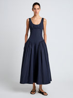 Proenza Schouler Front full length image of model wearing Kendall Dress in Tech Cotton in Navy
