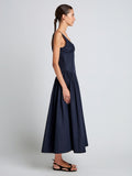 Proenza Schouler Side full length image of model wearing Kendall Dress in Tech Cotton in Navy