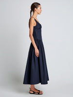 Proenza Schouler Side full length image of model wearing Kendall Dress in Tech Cotton in Navy