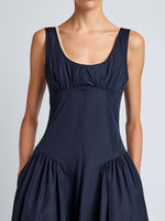 Proenza Schouler Detail image of model wearing Kendall Dress in Tech Cotton in Navy