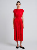 Proenza Schouler Front full length image of model wearing Rosalyn Skirt in Pleated Jersey in Dark Poppy