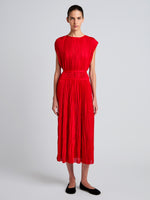 Proenza Schouler Front full length image of model wearing Rosalyn Skirt in Pleated Jersey in Dark Poppy