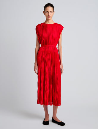 Proenza Schouler Front full length image of model wearing Rosalyn Skirt in Pleated Jersey in Dark Poppy
