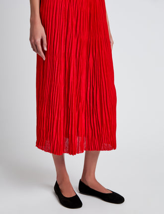 Proenza Schouler Detail image of model wearing Rosalyn Skirt in Pleated Jersey in Dark Poppy