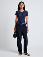 Proenza Schouler Front full length image of model wearing Aston Pant in Tech Cotton in Navy