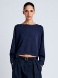 Proenza Schouler Front cropped image of model wearing Conley Knit Sweater in Lightweight Merino in Navy Melange