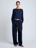 Proenza Schouler Front full length image of model wearing Conley Knit Sweater in Lightweight Merino in Navy Melange