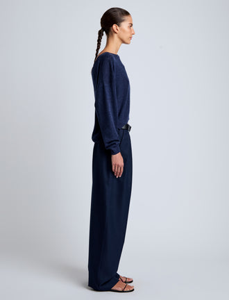 Proenza Schouler Side full length image of model wearing Conley Knit Sweater in Lightweight Merino in Navy Melange