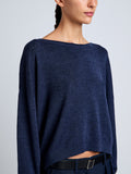 Proenza Schouler Detail image of model wearing Conley Knit Sweater in Lightweight Merino in Navy Melange