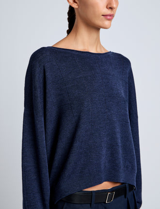 Proenza Schouler Detail image of model wearing Conley Knit Sweater in Lightweight Merino in Navy Melange