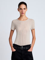 Proenza Schouler Front cropped image of model wearing Blaine Knit Shirt in Lightweight Merino in Light Rose Melange