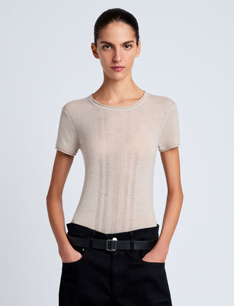 Proenza Schouler Front cropped image of model wearing Blaine Knit Shirt in Lightweight Merino in Light Rose Melange