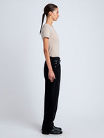 Proenza Schouler Side full length image of model wearing Blaine Knit Shirt in Lightweight Merino in Light Rose Melange