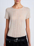 Proenza Schouler Detail image of model wearing Blaine Knit Shirt in Lightweight Merino in Light Rose Melange
