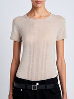 Proenza Schouler Detail image of model wearing Blaine Knit Shirt in Lightweight Merino in Light Rose Melange
