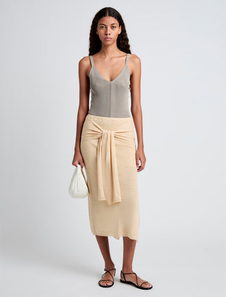 Proenza Schouler Front full length image of model wearing Phelan Knit Skirt in Linen Twist in Light Wheat
