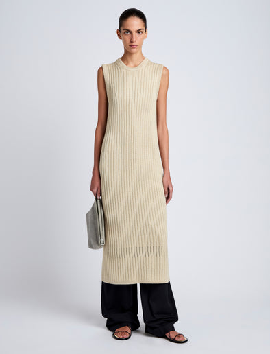Proenza Schouler Front full length image of model wearing Leighton Knit Dress in Dry Rib in Light Wheat