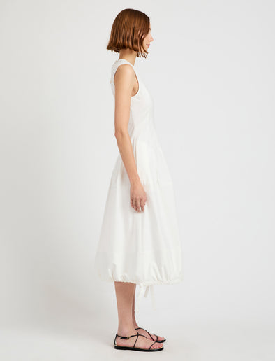 Proenza Schouler Side full length image of model wearing Marley Dress in Brushed Poplin in White
