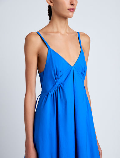 Proenza Schouler Detail image of model wearing Barker Dress in Stretch Poplin in Cyan