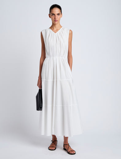 Proenza Schouler Front full length image of model wearing Kailey Dress in Stretch Poplin in White