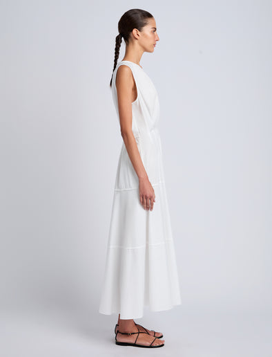 Proenza Schouler Side full length image of model wearing Kailey Dress in Stretch Poplin in White