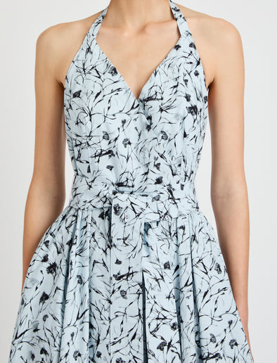 Proenza Schouler detail image of model wearing Rhea Dress in Printed Poplin in frost/black