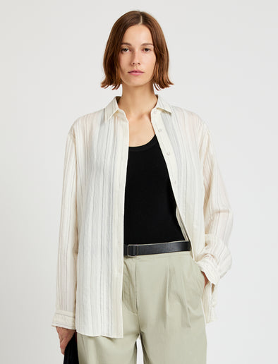 Proenza Schouler cropped front image of model wearing Raven Shirt in Woven Stripe Flou in chalk/black