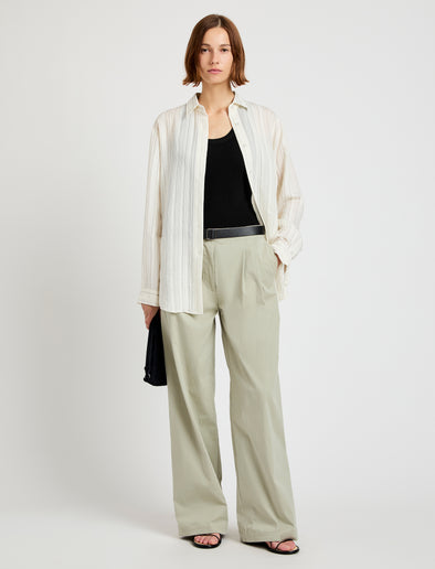 Proenza Schouler front image of model wearing Raven Shirt in Woven Stripe Flou in chalk/black