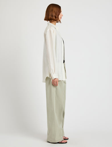 Proenza Schouler side image of model wearing Raven Shirt in Woven Stripe Flou in chalk/black