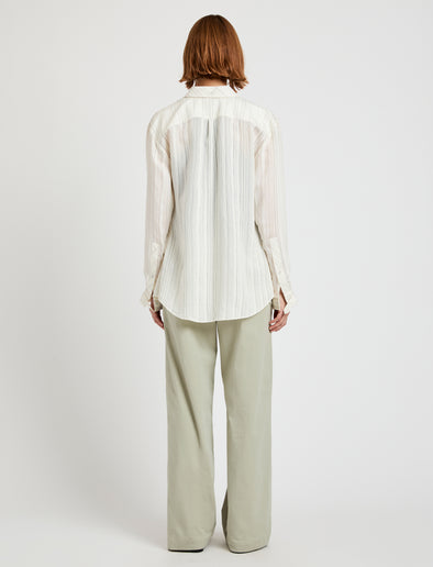 Proenza Schouler back image of model wearing Raven Shirt in Woven Stripe Flou in chalk/black