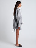 Proenza Schouler side image of model wearing Caroline Shirt in Linen Shirting in grey melange
