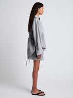 Proenza Schouler side image of model wearing Caroline Shirt in Linen Shirting in grey melange