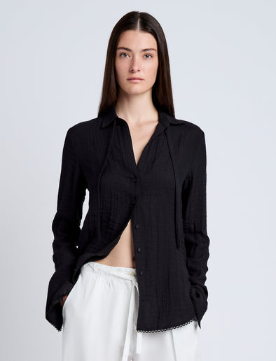 Proenza Schouler Front cropped image of model wearing Cami Shirt in Crinkle Viscose in Black