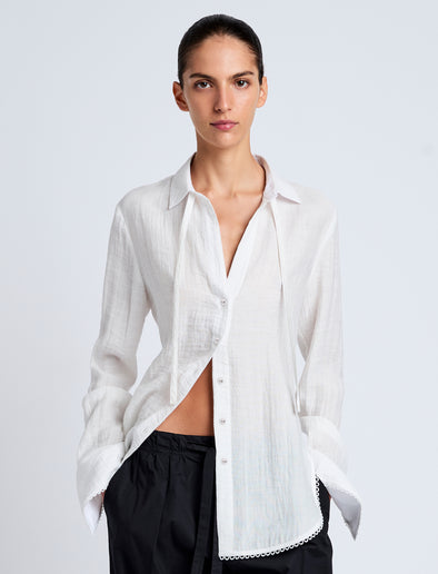 Proenza Schouler Front cropped image of model wearing Cami Shirt in Crinkle Viscose in White