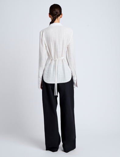 Proenza Schouler Back full length image of model wearing Cami Shirt in Crinkle Viscose in White