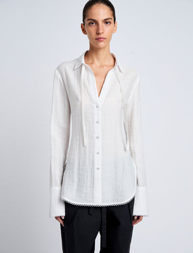 Proenza Schouler Detail image of model wearing Cami Shirt in Crinkle Viscose in White