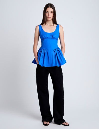Proenza Schouler Front full length image of model wearing Bader Top in Stretch Poplin in Cyan