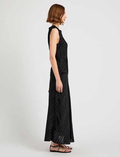 Proenza Schouler side image of model wearing Kaia Skirt in Woven Stripe Flou in black/chalk