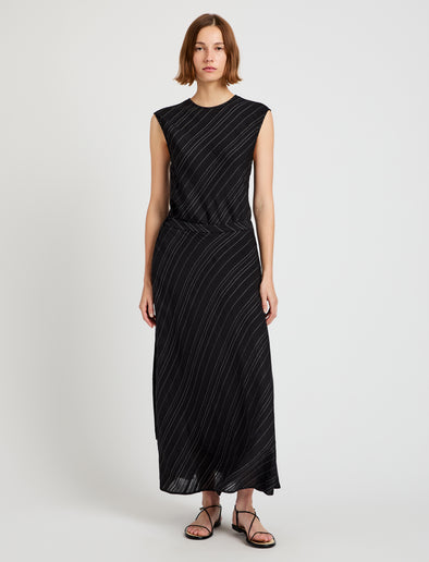 Proenza Schouler front image of model wearing Kaia Skirt in Woven Stripe Flou in black/chalk
