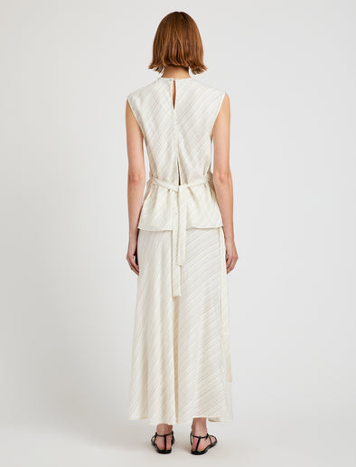 Proenza Schouler back image of model wearing Kaia Skirt in Woven Stripe Flou in chalk/black