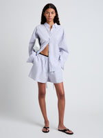 Proenza Schouler Front full length image of model wearing Jana Short in Linen Shirting in Light Oxford Melange